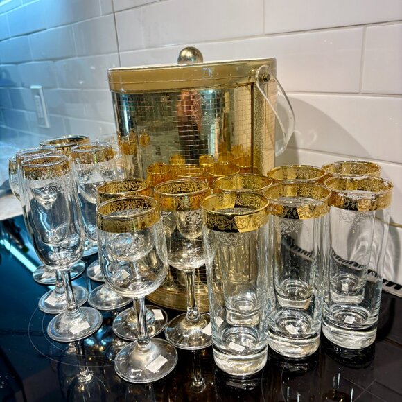 ✨ Vintage Culver 22K Gold Barware Set w/ Ice Bucket – 17 Pc Mid-Century Modern - Picture 3 of 6